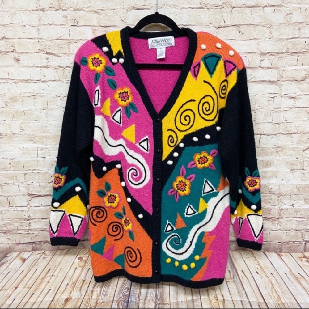 VTG Sideffects Women Cardigan Sweater Size M Oversized Long Sleeve Button Bright